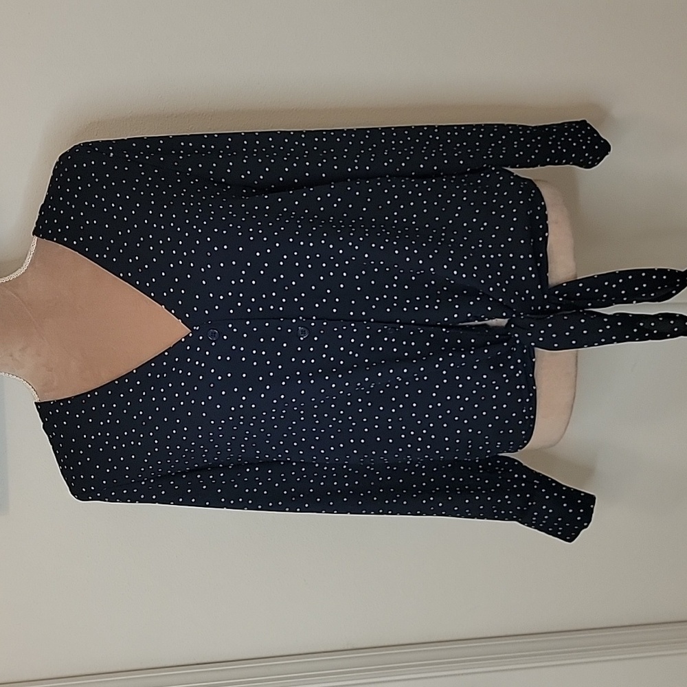 PopSugar Size S Navy Blue Button Down Blouse White & Red Polka Dots, EUC